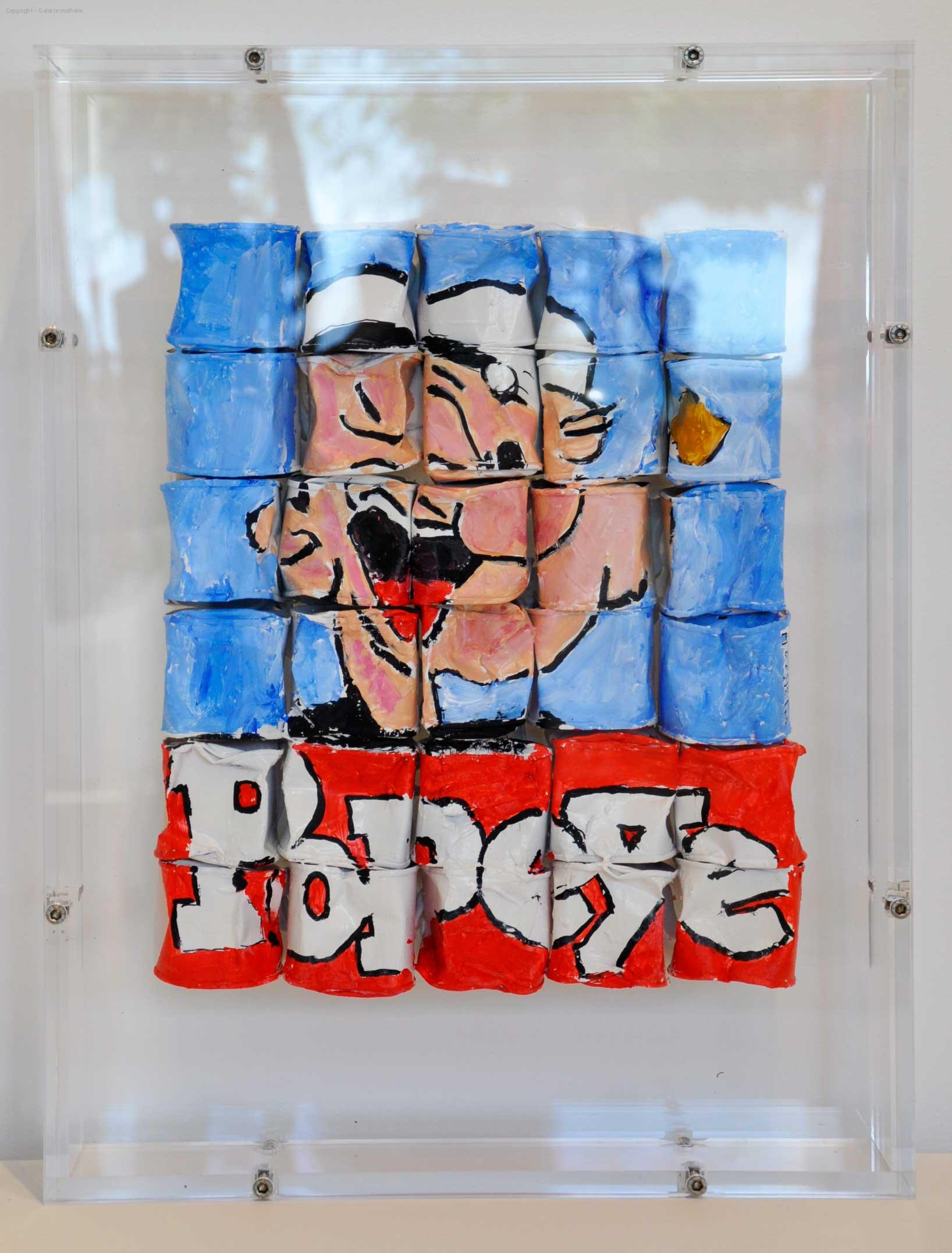 Popeye - Oeuvre sur petite boite de conserves fermé dans boite en plexi - H 49 cm x L 37 cm
