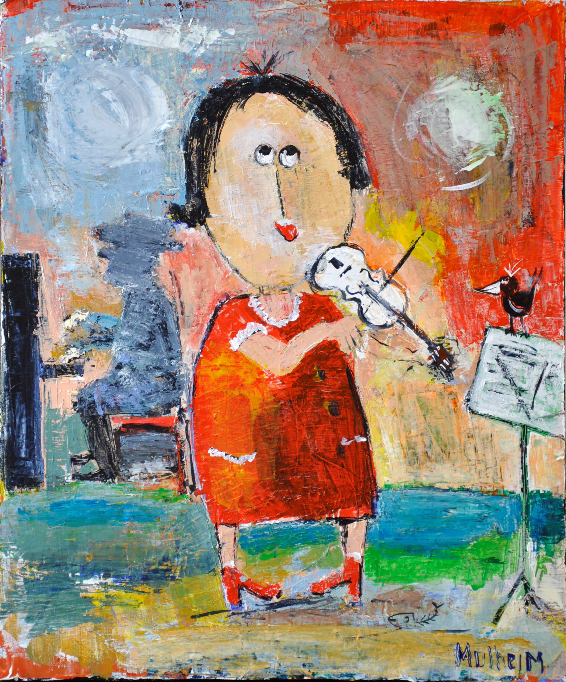 " Ginette au violon " - Portrait sur toile - Format 15F ( 65 cm x 54 cm )