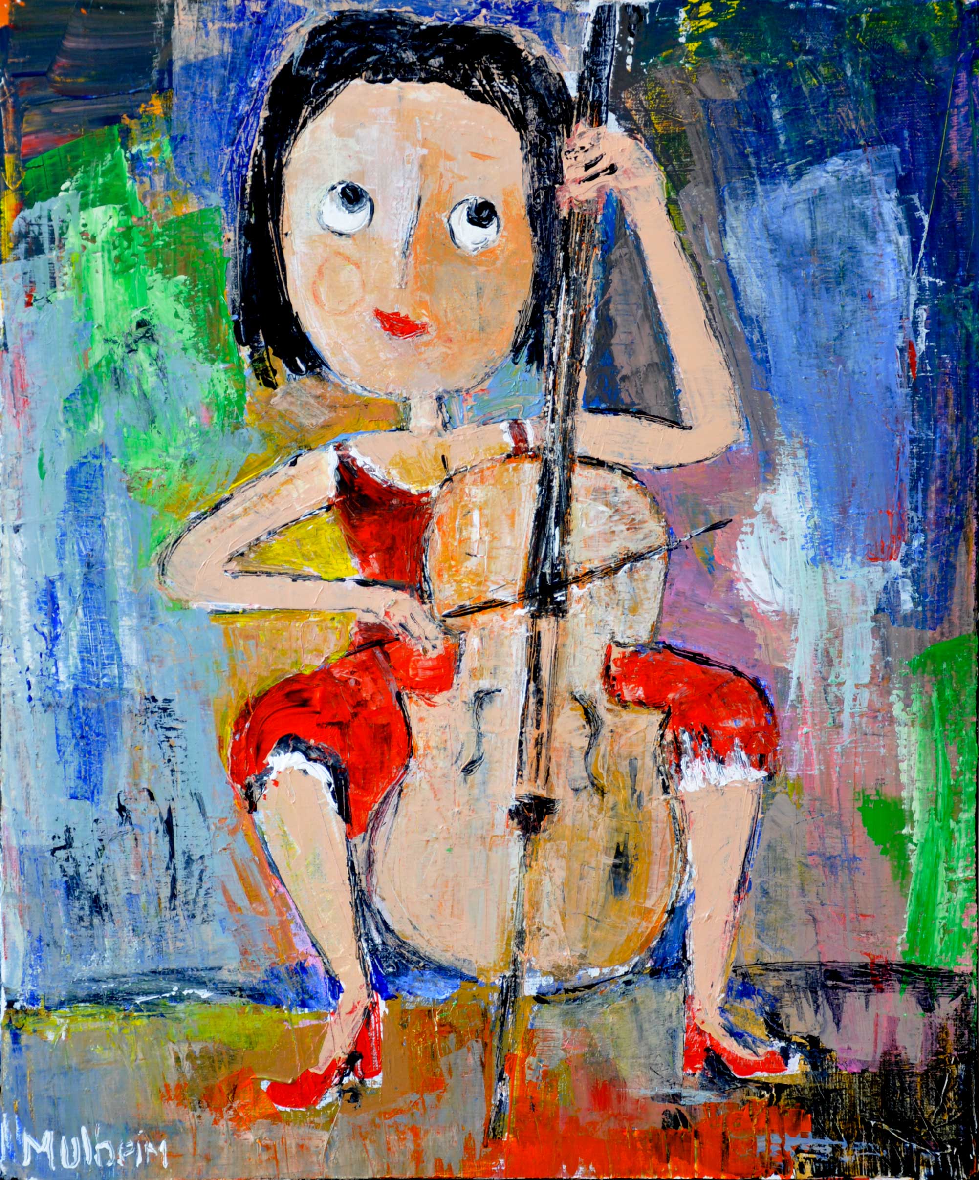 " Pauline la violoncelliste " - Portrait sur toile - Format 15F ( 65 cm x 54 cm )