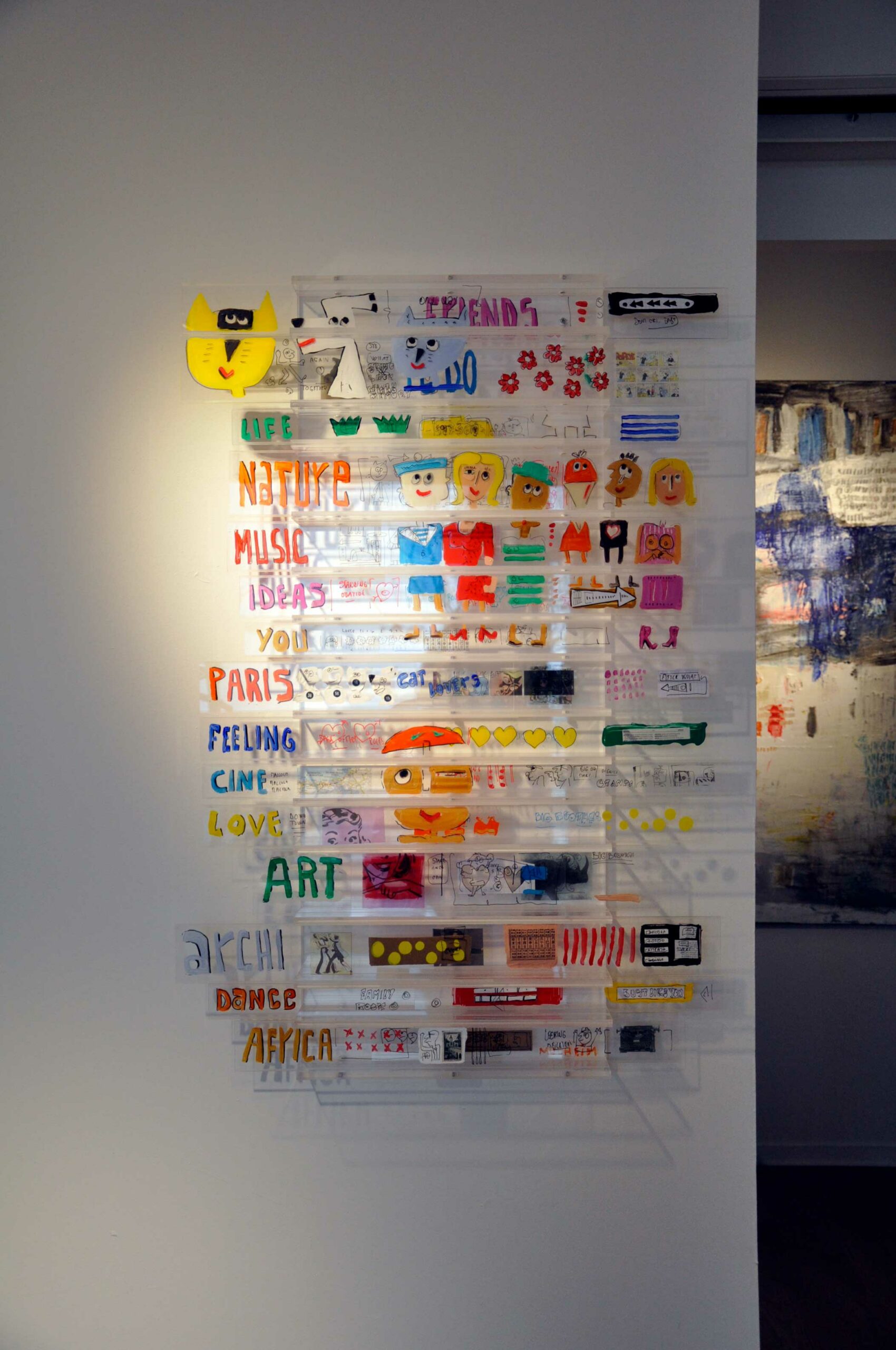 Bibliothèque " Cat Lovers " - Oeuvre en plexiglass avec 30 bandes coulissantes extensible de 40 cm à 90 cm - Hauteur 102,,50 cm - Ci-joint In situ